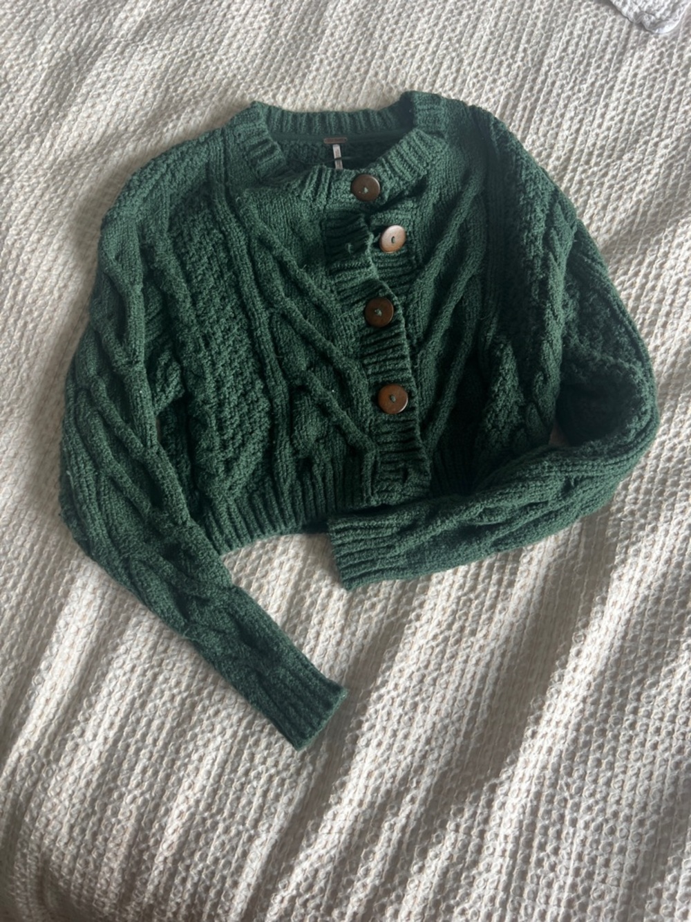 Free People Dark Green Cable-Knit Button Cardigan